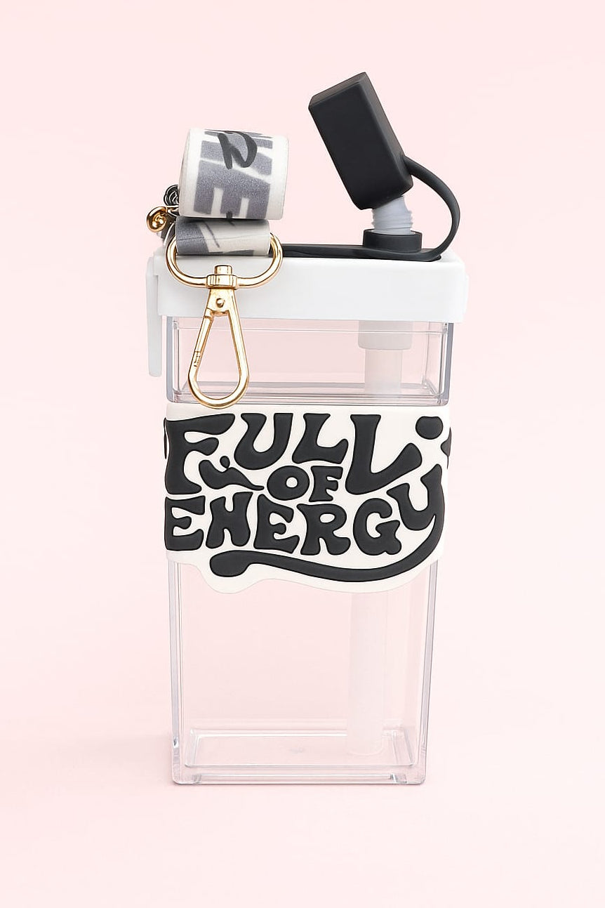 Full of Energy" Square Clear Water Bottle with Aesthetic Carry Strap & Straw – Black & White