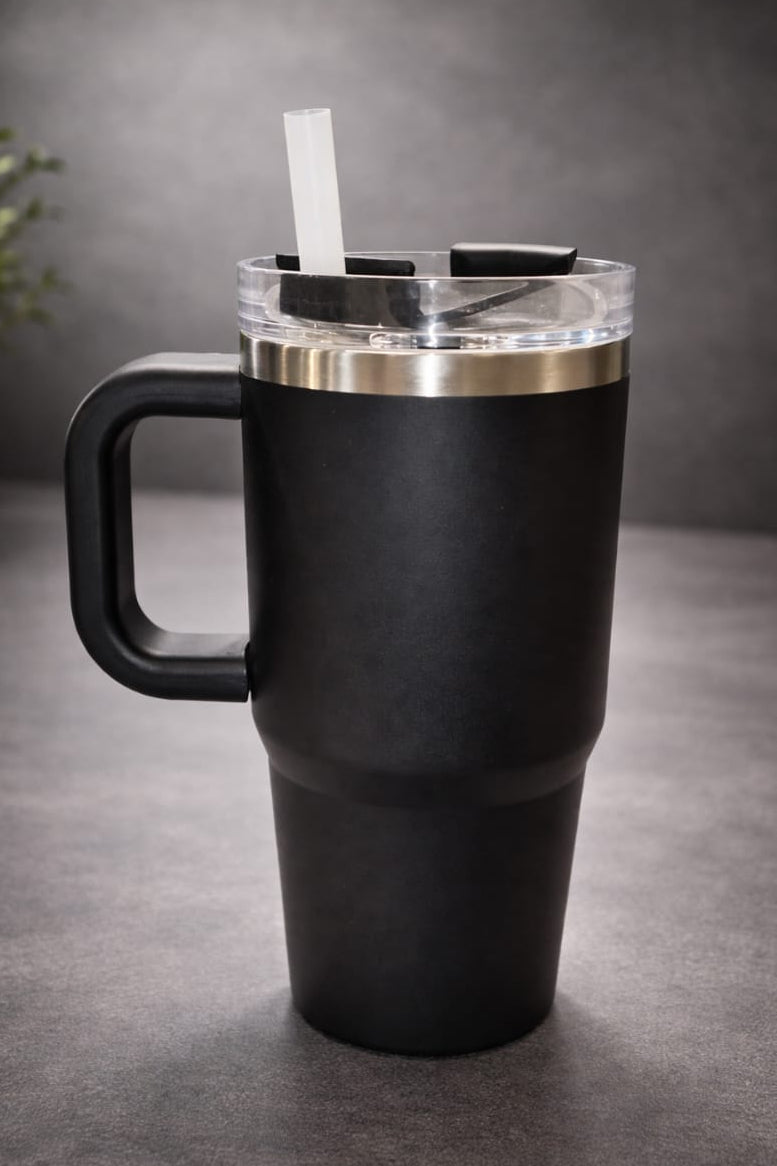 Matte Black Insulated Travel Tumbler with Handle and Straw (40oz / 1.2L)