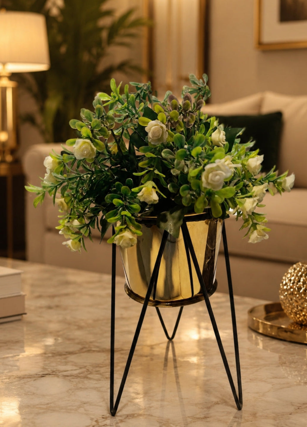 Mid-Century Modern Gold Planter with Hairpin Stand | Artificial White Rose & Lush Greenery Tabletop Floral Centerpiece