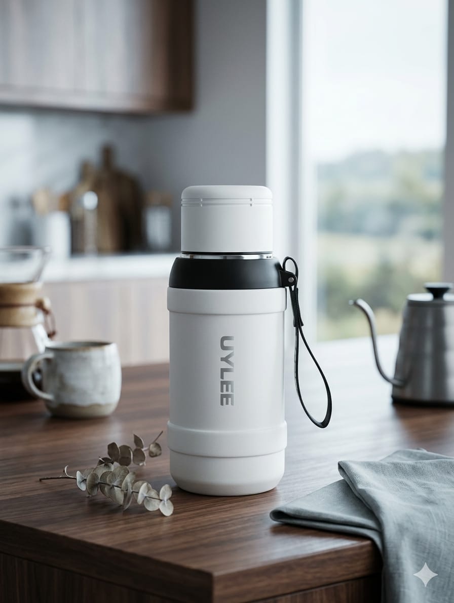 UYLEE Modern Matte White Insulated Thermos Flash with Integrated Cup Lid