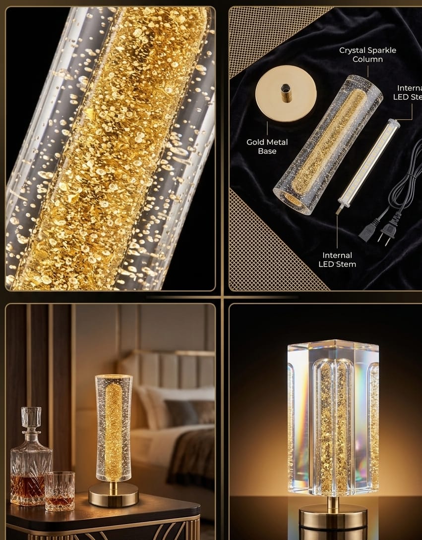 Modern LED Crystal Table Lamp, Cordless Gold Desk Lamp with Bubble Glass Cylinder, Romantic Ambient Nightlight for Bedroom, Living Room, Nightstand Decor