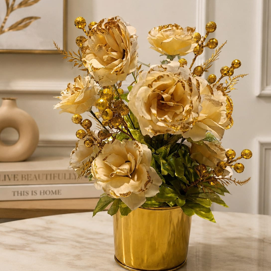 Luxury Gold Cylinder Planter with Faux Gilded Cream Roses | Elegant Champagne & Gold Floral Tabletop Centerpiece with Metallic Berries