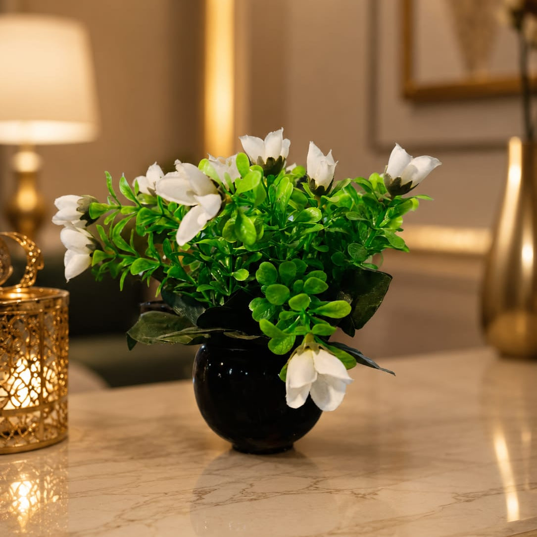 Glossy Black Ceramic Fishbowl Planter with Faux White Jasmine Buds | Miniature Artificial Greenery & Floral Tabletop Centerpiece