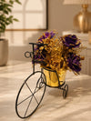 Vintage Metal Bicycle Planter with Faux Royal Purple & Gold Rose Bouquet | Elegant Tricycle Tabletop Centerpiece Home Decor