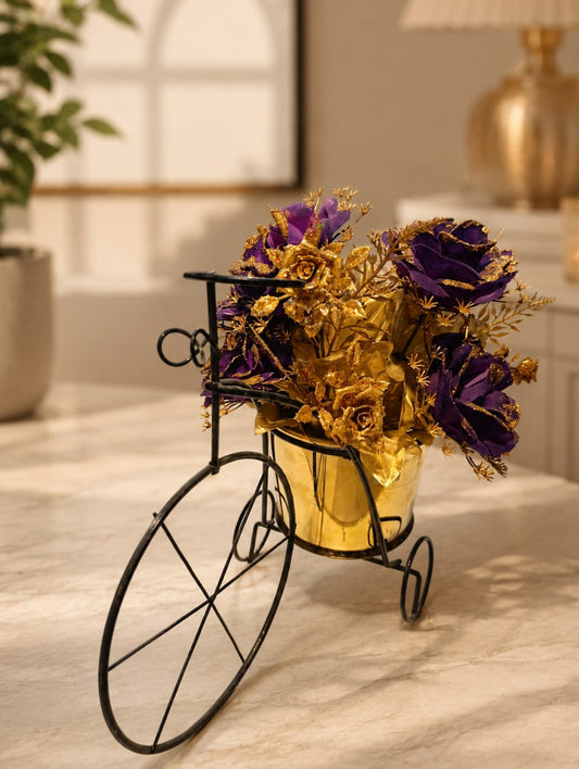 Vintage Metal Bicycle Planter with Faux Royal Purple & Gold Rose Bouquet | Elegant Tricycle Tabletop Centerpiece Home Decor