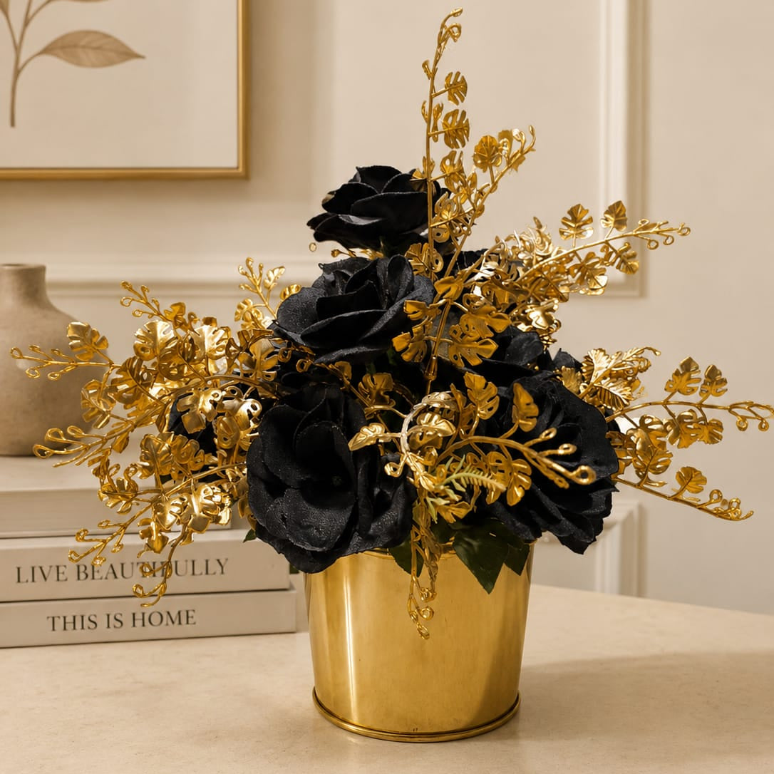 Luxury Gold Cylinder Planter with Faux Midnight Black Roses | Elegant Black & Metallic Gold Floral Tabletop Centerpiece