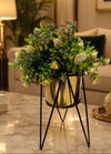 Mid-Century Modern Gold Planter with Hairpin Stand | Artificial White Rose & Lush Greenery Tabletop Floral Centerpiece