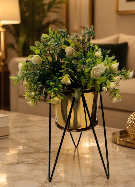 Mid-Century Modern Gold Planter with Hairpin Stand | Artificial White Rose & Lush Greenery Tabletop Floral Centerpiece