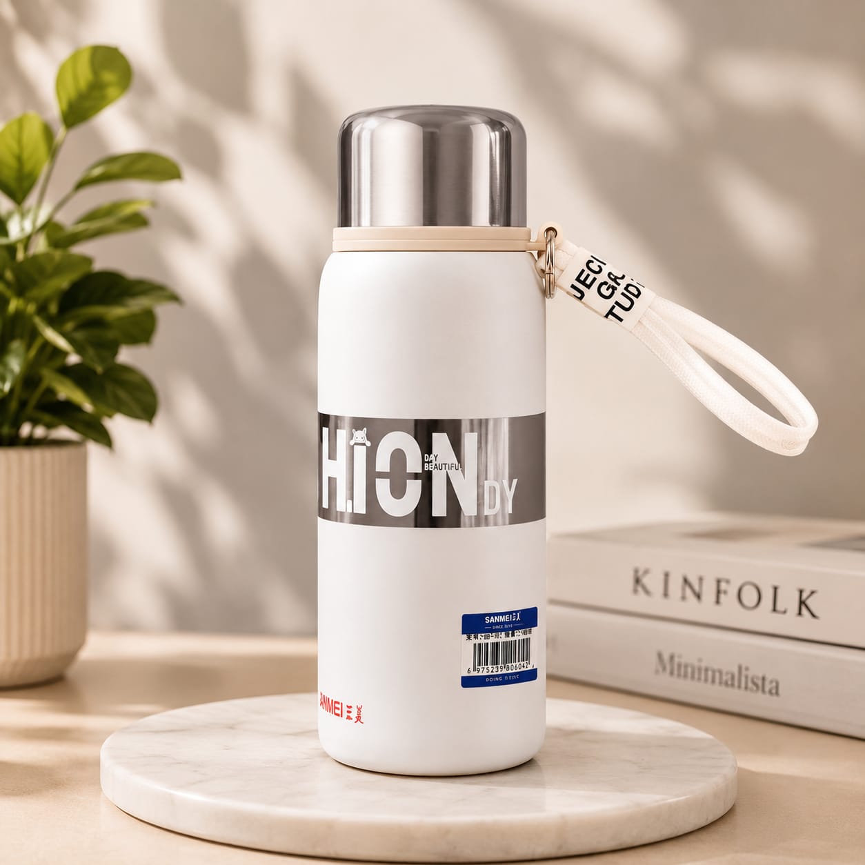 Minimalist White Insulated Vacuum Flask with Stainless Steel Lid and Carrying Strap