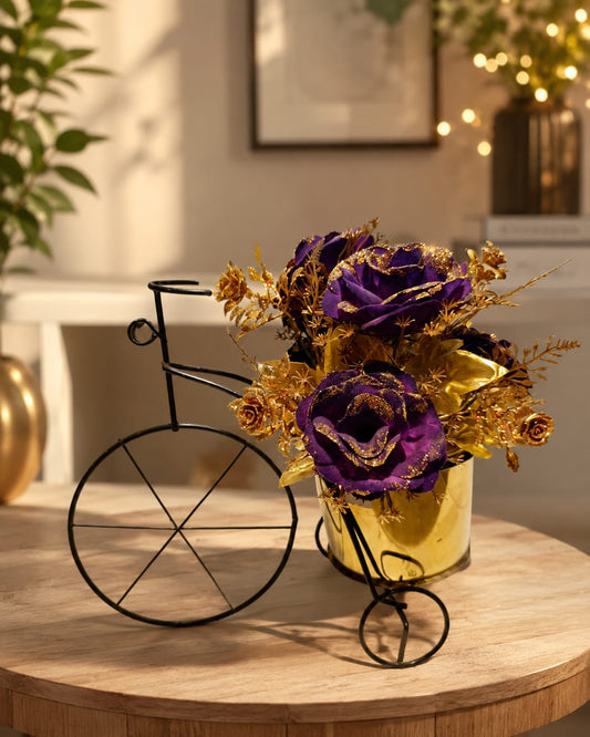 Vintage Metal Bicycle Planter with Faux Royal Purple & Gold Rose Bouquet | Elegant Tricycle Tabletop Centerpiece Home Decor