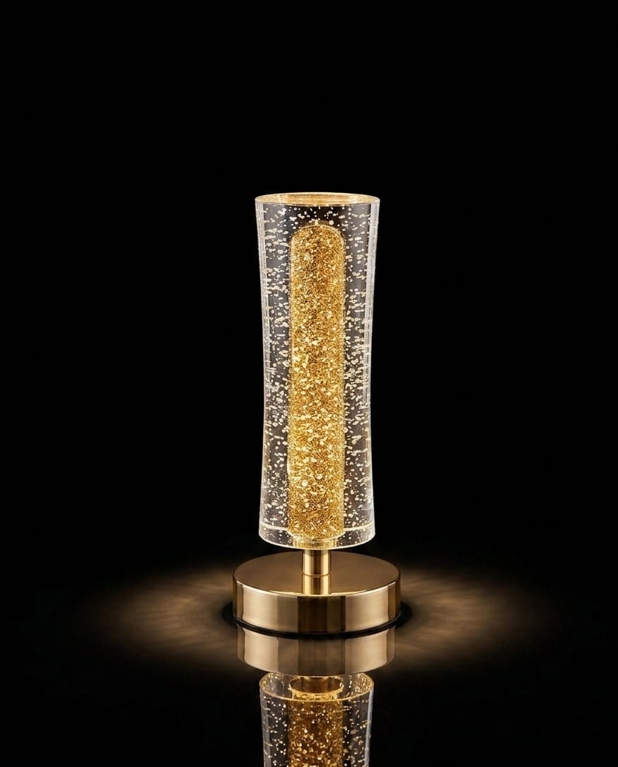 Modern LED Crystal Table Lamp, Cordless Gold Desk Lamp with Bubble Glass Cylinder, Romantic Ambient Nightlight for Bedroom, Living Room, Nightstand Decor
